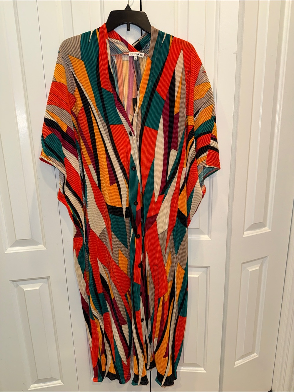 Fashion Nova Multicolor Pleated Maxi Dress in Teal, Orange, Red, Cream & Black
